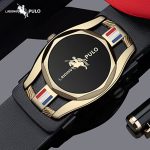 The black dial with a gold border is classic and grand, while the horse logo is exquisite and eye-catching. The red, blue, and white elements on both sides of the watch body, along with the twisted pattern decoration, add a sense of detail and depth. Paired with a black strap, it has a rich texture.