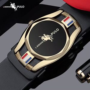 The black dial with a gold border is classic and grand, while the horse logo is exquisite and eye-catching. The red, blue, and white elements on both sides of the watch body, along with the twisted pattern decoration, add a sense of detail and depth. Paired with a black strap, it has a rich texture.