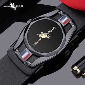 The black dial with a gold border is classic and grand, while the horse logo is exquisite and eye-catching. The red, blue, and white elements on both sides of the watch body, along with the twisted pattern decoration, add a sense of detail and depth. Paired with a black strap, it has a rich texture.