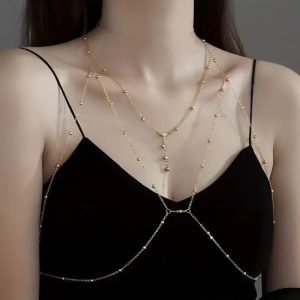 Encounter brilliance and enjoy the delicacy! This multi-layer gold chain necklace is woven with delicate chains to create a unique layer, dotted with round beads and sparkling water diamonds, which are lively and charming.
